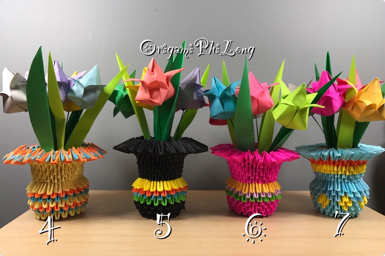 3D Origami Paper Flowers Vase Tulips Vase Home Decoration