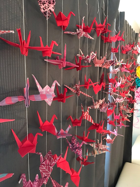 10 Strands/6 Mixed Red Origami Cranes On String- Paper Cranes- Party Backdrop- Chinese Wedding Decor- Wall Hanging Decor