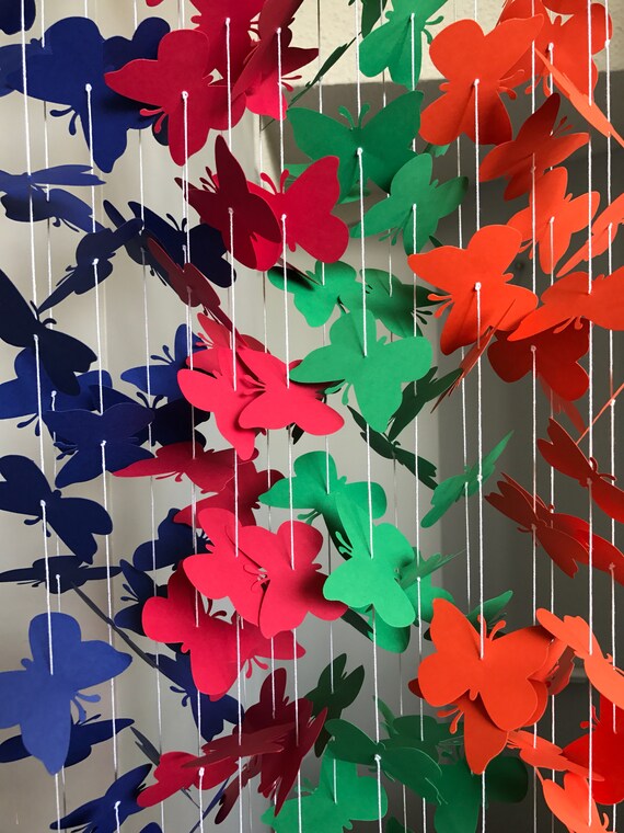 20 Strands Orange Red Blue Green Paper Butterflies Backdrop- Die Cut Garland- Paper Butterflies Backdrop