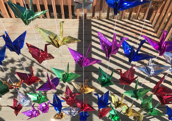 20 Strands/6 mixed silver, gold, blue, magenta, green, red Origami Cranes- Paper Cranes On String- Cranes Garland -Free Shipping US