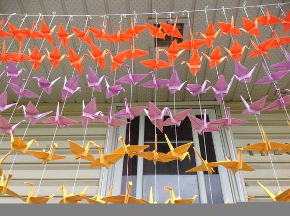 20 Strands/6 Orange Lilac Goldenrod Crane Backdrop - Origami cranes- Wall Hanging Decor- Wedding Backdrop -Free Shipping US