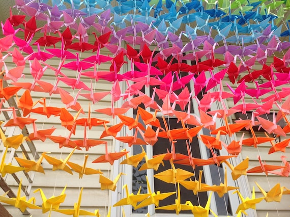 500 5.5” Ombre Colourful Origami Cranes On String - Japanese Photo Backdrop- Paper Cranes Wedding Backdrop - Engagement Decor