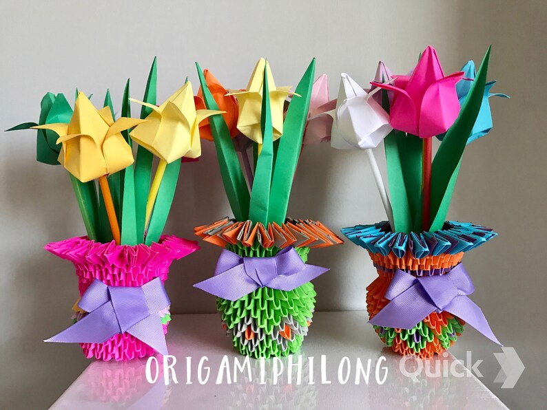 Tulips Vase 3D Origami Paper Flowers Vase Handmade Art Gift Etsy