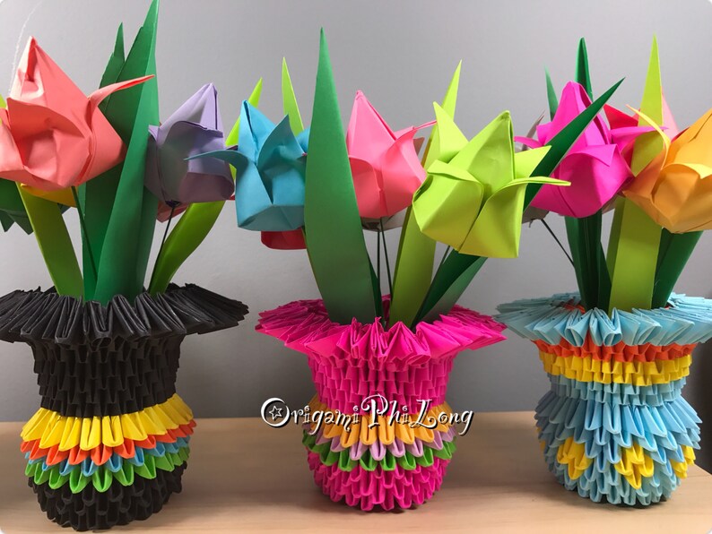3D Origami Paper Flowers Vase Tulips Vase Home Decoration