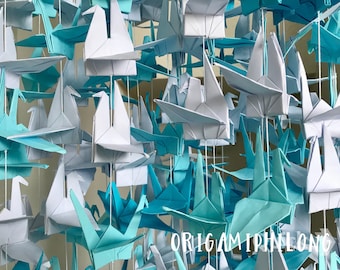 500 5.5” Mixed Random White Blue Origami Cranes On String - Japanese Photo Backdrop-Paper Crane Wedding Backdrop-Senbazuru- Engagement Decor