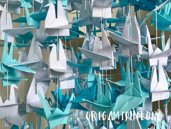 500 5.5” Mixed Random White Blue Origami Cranes On String - Japanese Photo Backdrop-Paper Crane Wedding Backdrop-Senbazuru- Engagement Decor