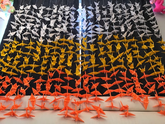 1000 5.5” Ombre White Yellow Orange Origami Cranes On String - Japanese Photo Backdrop-  Paper Cranes Wedding Backdrop- Party Backdrop
