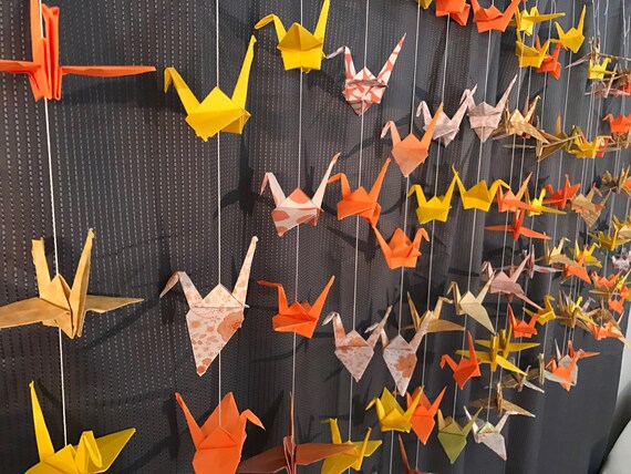 20 Strands/6 Mixed Yellow Orange Origami Cranes On Strings - Japanese Photo Backdrop-Wedding Backdrop- Senbazuru- Engagement Decor