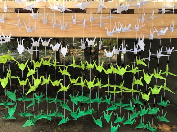 20 Strands/6 Ombre White Green Origami Cranes On String - Home Decor- Wedding Backdrop -Free Shipping US
