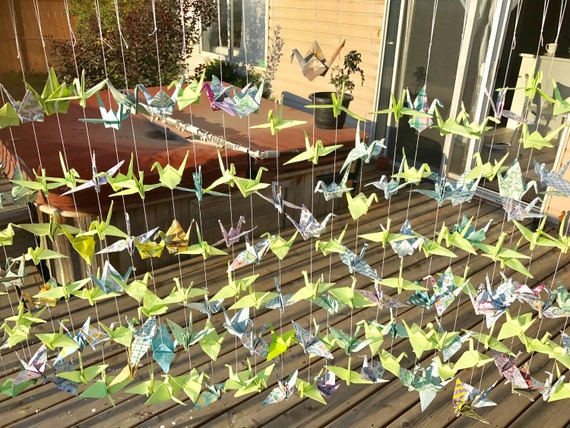 20 Strands/6 Mixed Green Origami Cranes On Strings - Japanese Photo Backdrop-Wedding Backdrop- Senbazuru- Engagement Decor