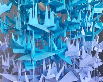 500 5.5” Ombre White Blue Origami Cranes On String - Japanese Photo Backdrop- Paper Cranes Wedding Backdrop- Senbazuru- Engagement Decor