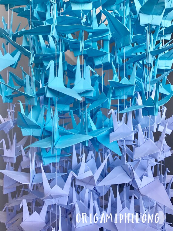500 5.5” Ombre White Blue Origami Cranes On String - Japanese Photo Backdrop- Paper Cranes Wedding Backdrop- Senbazuru- Engagement Decor