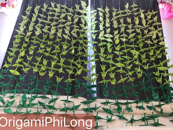 500 5.5” Ombre Green Origami Cranes On String - Japanese Photo Backdrop-Wedding Backdrop- Senbazuru- Engagement Decor