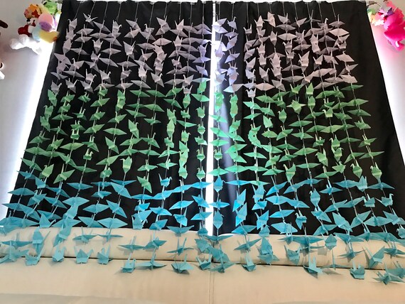 1000 5.5” White Green Blue Origami Cranes On String - Paper Cranes- Japanese Photo Backdrop-Wedding Backdrop- Senbazuru- Engagement Decor