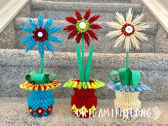 Vase Flower 3D Origami- Paper Flower- Handmade Art Gift- Home Decoration- Birthday Gift- Free Shipping