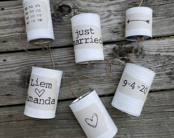 Just Married, Wedding Car Cans, Farmhouse Barn Wedding, Tradition, Bride and Groom Getaway Car Decor, Upcycled Eco Friendly, Classic White