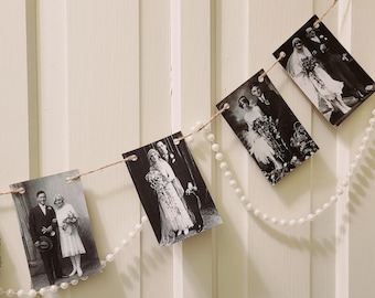 Wedding Banner, Vintage Bride and Groom Photo, Old Wedding Decor, 1920, 1930, 1940 Photo Strand of Pearl, Wedding Garland, Wedding Bunting,