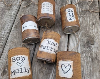 Rustic Wedding Just Married Tin Cans Rusty Primitive Barn Wedding Decor Farmhouse Getaway Car Just Hitched Wedding Tradition Faux Rust