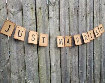 Just Married Banner, Rustic Wedding Photo Prop, Eco Friendly Wedding Decoration, Barn Wedding, Farmhouse Bunting, Just Married Sign