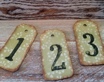 Wedding Table Number Tag Woodsy Outdoor Wedding Reception Decor Farmhouse Centerpiece Barn Wedding Coffee Stained Paper Green Nature Wedding