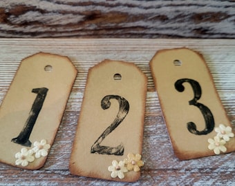 Table Number Tag Rustic Wedding Reception Decor Farmhouse Centerpiece Barn Wedding Coffee Stained Paper Bookpages