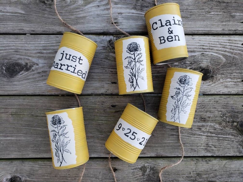 Sunflower Wedding, Just Married Decoration, Tin Can Wedding Tradition, Fall Wedding, Wildflower Wedding, Yellow Wedding Decor, Eco-Friendly image 1