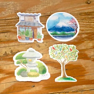 Serene Japanse stickerset van 4, perfect cadeau voor Japanliefhebbers en buitenliefhebbers