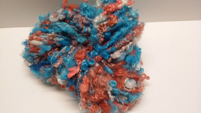 Blue Coral Handspun Bulky Corespun Art Yarn Under Sea White Locks