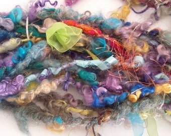 Handspun Bulky Corespun Specialty Art Yarn -- "Special Bouquet" Ribbons, Flowers, Locks, Threads