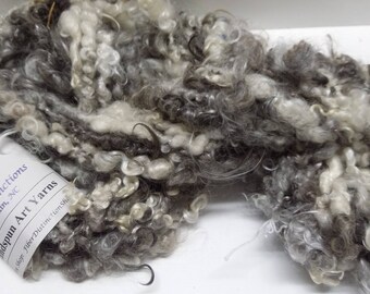 Handspun Bulky Corespun Art Yarn "Smoky" - Gray, Black, White - Mohair Locks, Silk