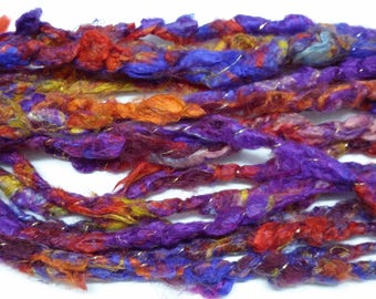 Handspun Corespun Art Yarn - "Bright Pancies" - 100% Silk - 30 yds