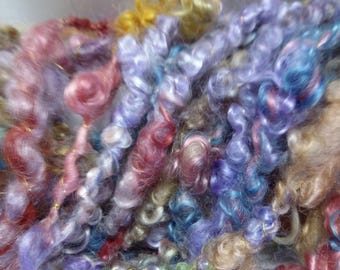 Handspun Bulky Corespun Art Yarn "Dots" - Red, Green, Gold, Turquoise - Mohair Locks, Silk