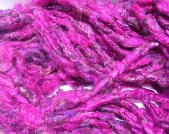 Handspun Corespun Art Yarn - "Fuschia Power" -- 100% silk -- Bright Fuschia