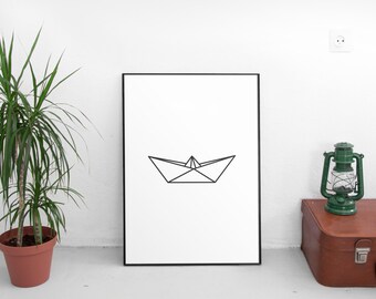 Printable Art, Paper Boat Wall Art, Origami Boat Print, Nautical Decor, Coastal Prints, Nautical Print, Instant Download