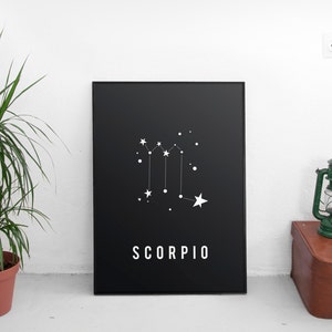 May include: Black and white print of the Scorpio constellation with the word "SCORPIO" in white text on a black background.