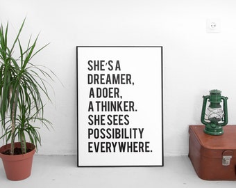 She's A Dreamer, Feminist Office Print, Quote Posters, Printable Quotes, Home Decor, Wall Print, Women Poster, Feminist Quote,Feminism Quote