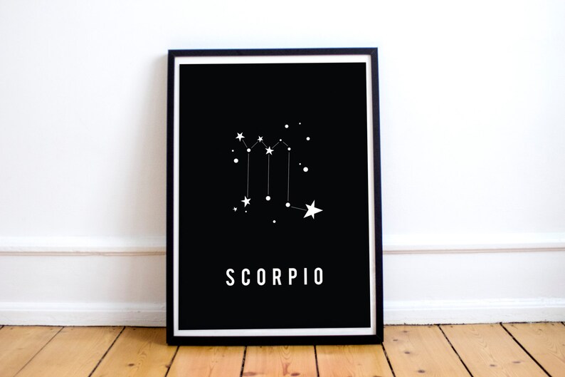 May include: Black and white print of the Scorpio constellation with the word "SCORPIO" printed below.