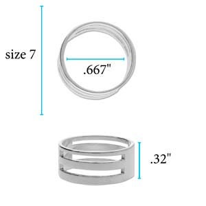 May include: Silver ring with a triple band design. The ring is size 7 and measures 0.667 inches in diameter and 0.32 inches in width.