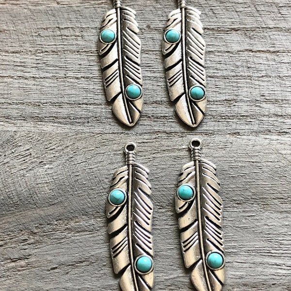 Silver Feather, Faux Turquoise Feather Charm, Boho Hippie Jewelry, Western Cowgirl Charm, Indian Feather, Southwest Charm, Navajo Pendant