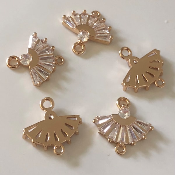 Gold Plated Brass Charm, Cubic Zirconia Pendant, Fancy Jewelry Charm, Handmade Jewelry, Earring Accent, Gold Fan Charm, Earring Findings