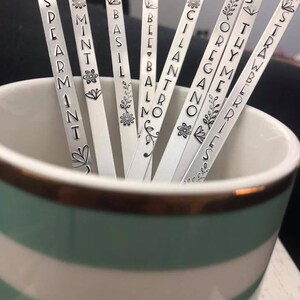 May include: Silver metal plant markers with engraved names of herbs, including Spearmint, Mint, Basil, Bee Balm, Cilantro, Oregano, Thyme, Strawberry. The markers are in a striped mug.