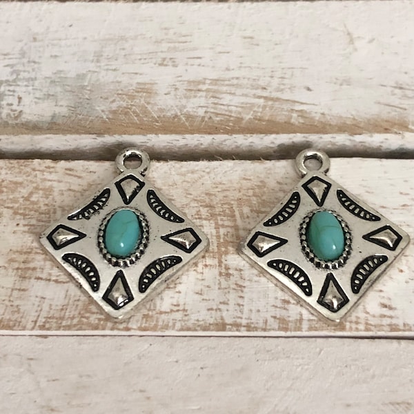 Silver Boho Charm, Aztec Charm, Western Jewelry DIY Supply, Bohemian Pendant, Navajo Jewelry Making, Earring Charm, Faux Turquoise Pendant