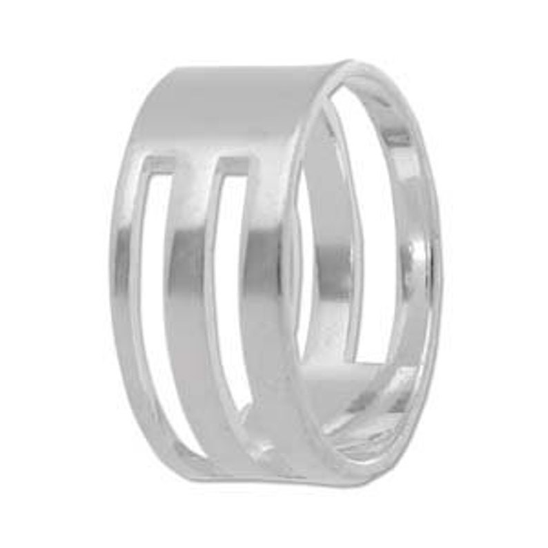 May include: Silver ring with three horizontal cutouts. The ring is wide and has a smooth, polished finish.