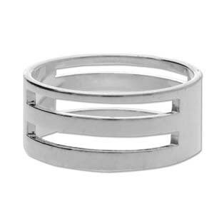 May include: Silver ring with three horizontal cutouts.