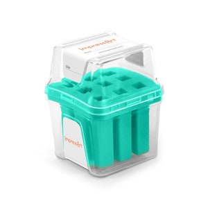 May include: A clear plastic container with a teal lid and a teal rubber stamp set inside. The container has a label that says "ImpressArt" and a website address.