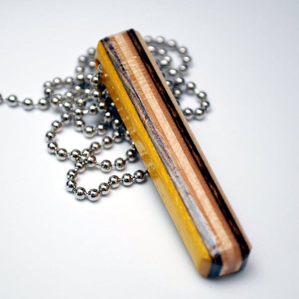 Upcycled Skate Necklace - Handmade from Recycled Wood Skateboard Deck - Yellow Brown Necklace - Bar Necklace - Unique Jewelry - Limited