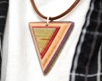 Recycled Skateboard Pendant Necklace - Wooden Necklace made from repurposed materials - Triangle Necklace, Brown Cord, Hemp - Skater Gift