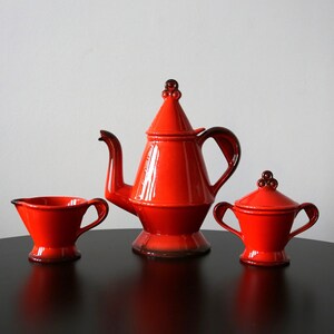 Metlox Poppytrail Red Rooster Coffee Pot + Sugar + Creamer