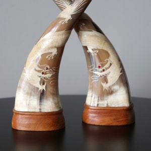 Pair Handmade Water Buffalo Horns with Dragons Handcarved Chinese Dragons on Teak Bases