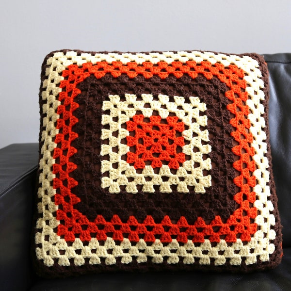 Vintage Granny Square Pillow Handmade Crochet Throw Pillow Orange, Brown + Cream